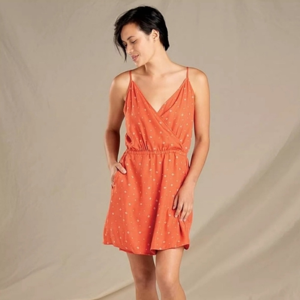 Toad&Co Women's Orange Coral Hillrose Sleeveless Tencel Faux Wrap Dress Small